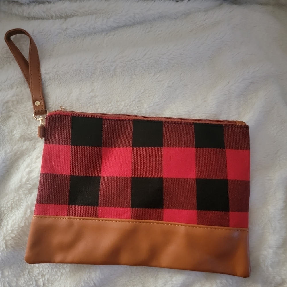 Red and Black Plaid Clutch with Tan Accent